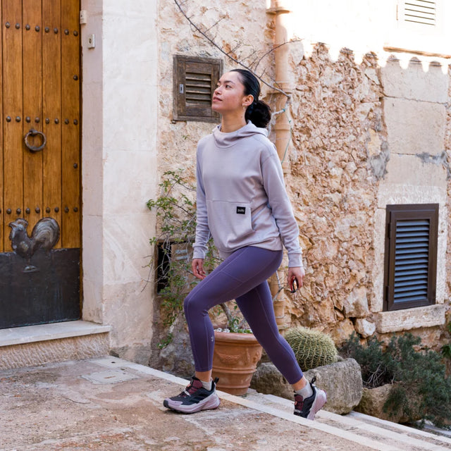Vespero, felpa con cappuccio in lana merino da donna, colore Lila Grey